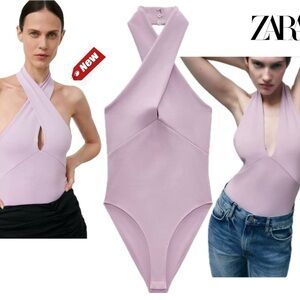 Zara lilac purple deep V plunge front twist halter bodysuit Sz M NWT